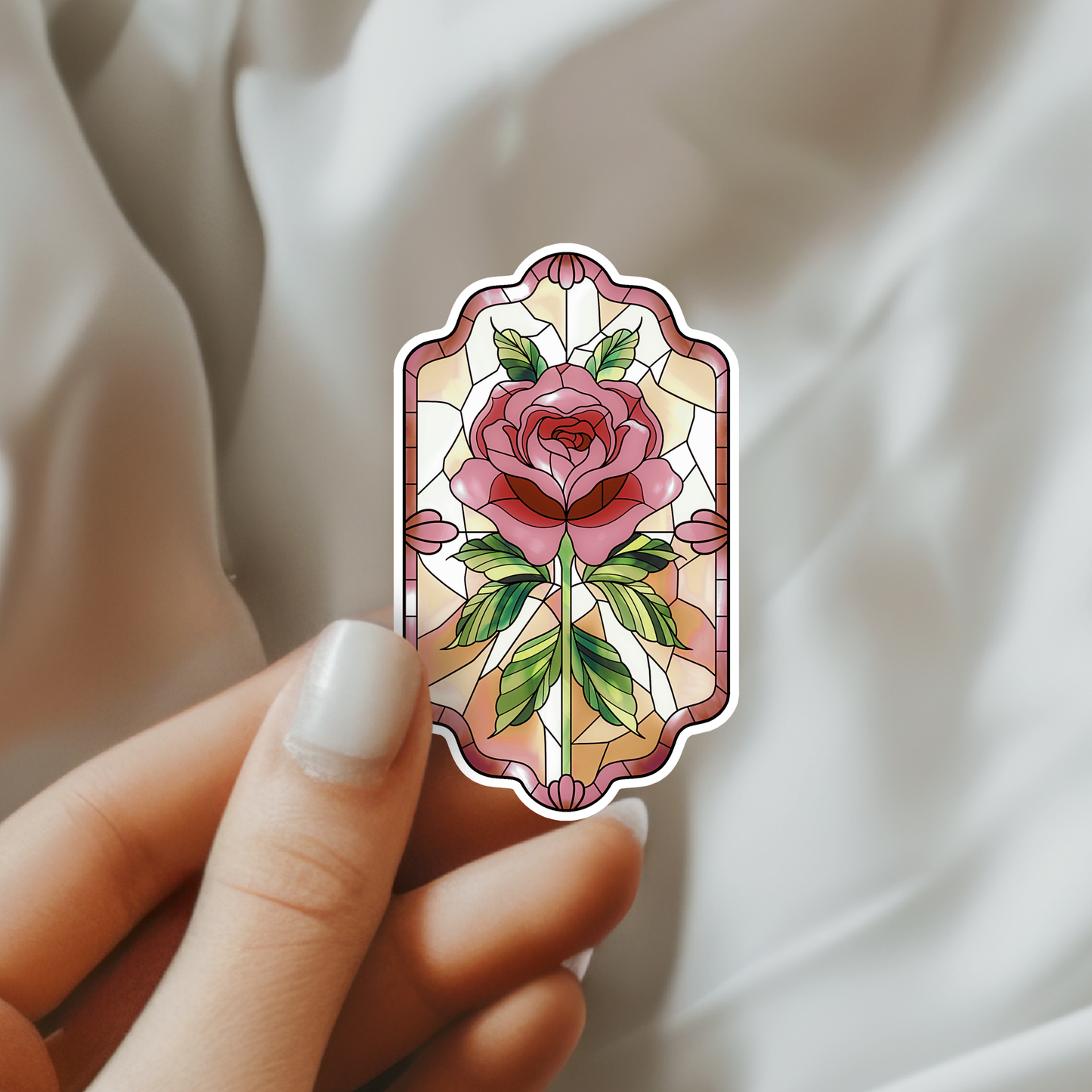 Pink Maroon Stained Glass Rose Vinyl Sticker | Bookish
