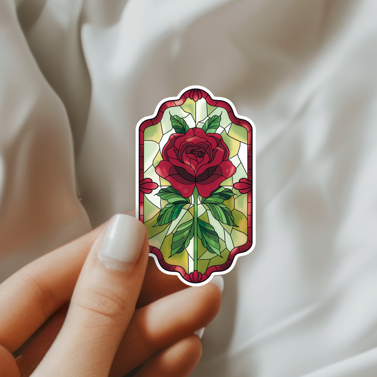 Ruby Red Stained Glass Rose Vinyl Sticker | Bookish