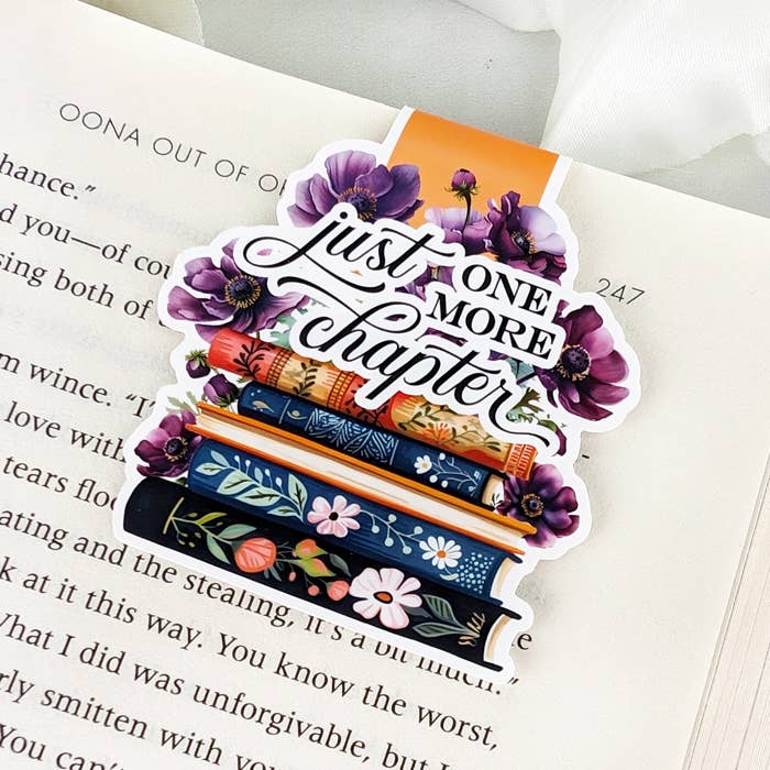 Magnetic Bookmark - Just One More Chapter Floral book stack
